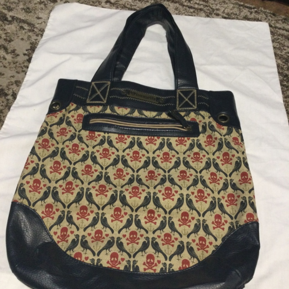 LOUNGEFLY Tote : black ravens & red heart pattern : Navy faux leather - Picture 2 of 10